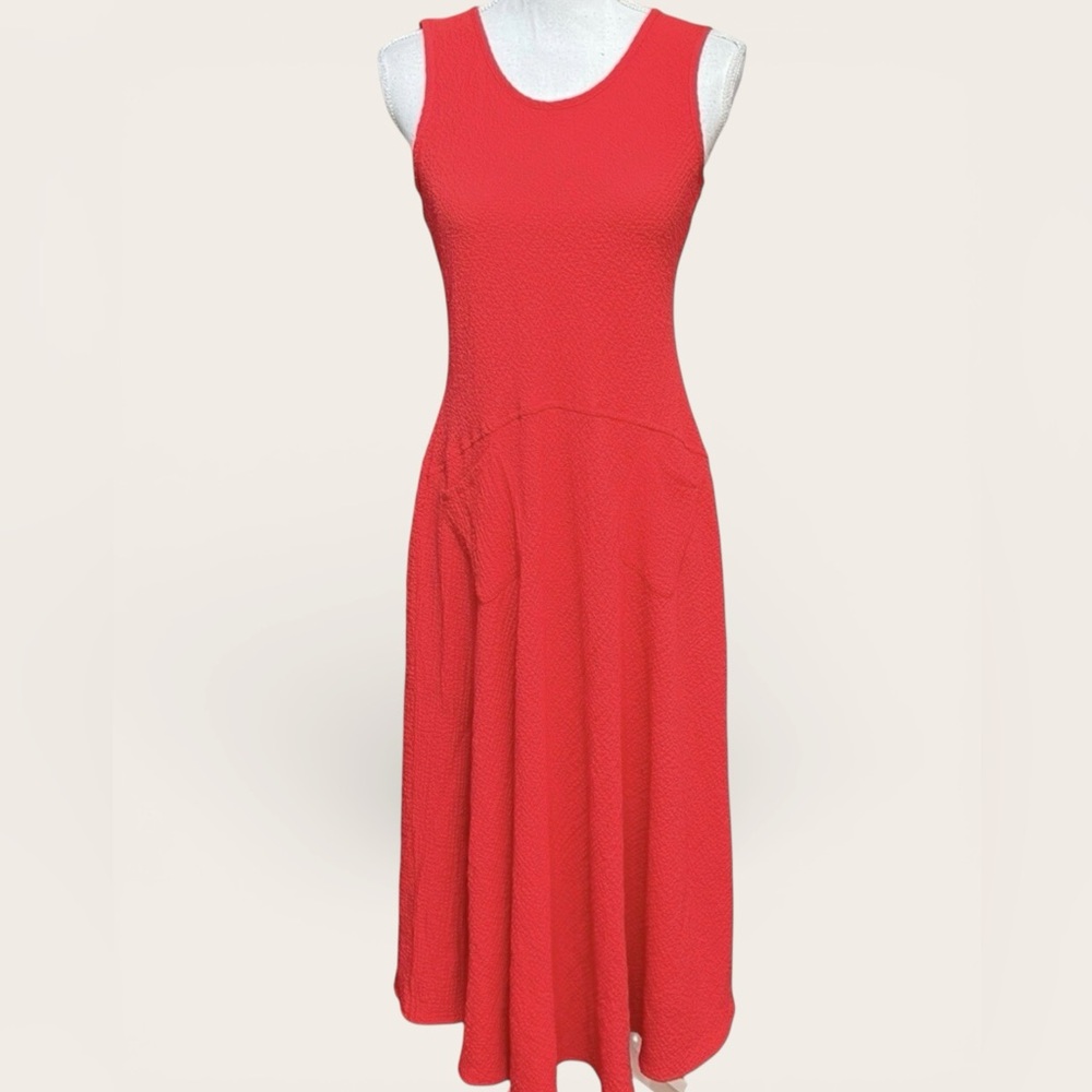 Vibrant Red/Orange Sleeveless Midi Dress, IC by Connie K Stretchy Crepe, M - Picture 3 of 10